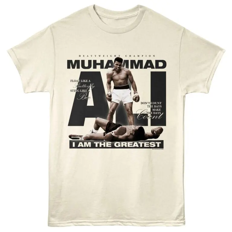 Inspirational Muhammad Ali quote T-shirt featuring a boxer standing over an opponent.
