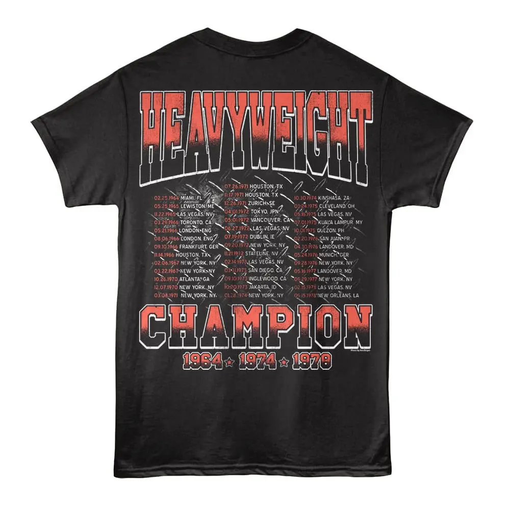 T-shirt featuring "Heavyweight Champion" with vintage fight history and dates.