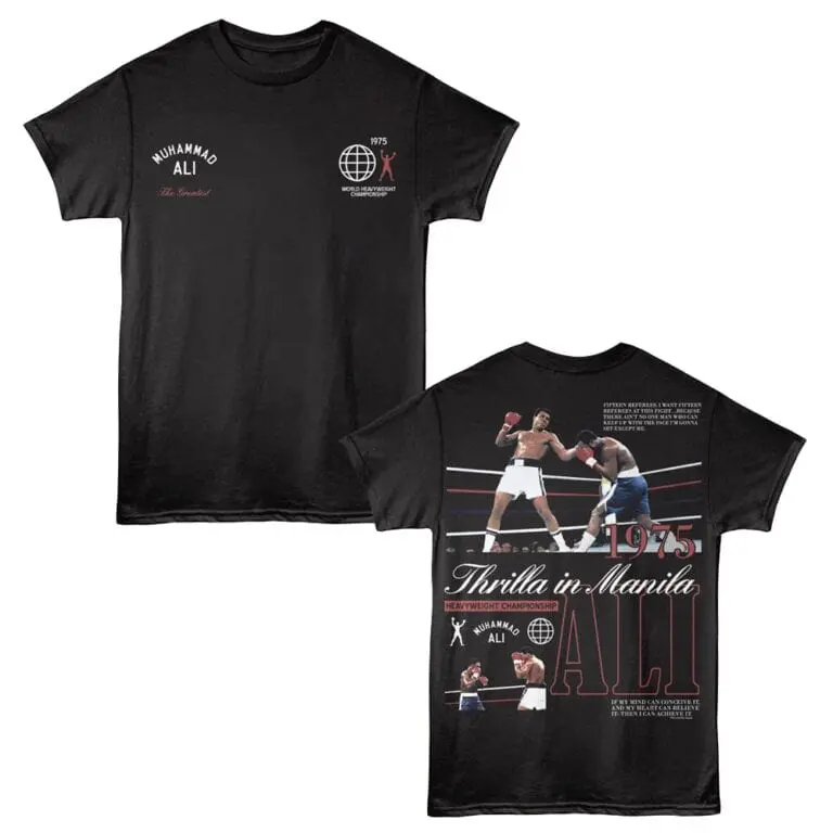 Black Muhammad Ali boxing graphic tee with vintage fight imagery and historical references.