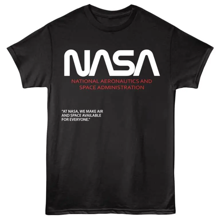 NASA logo t-shirt featuring "National Aeronautics and Space Administration" text and quote about space.