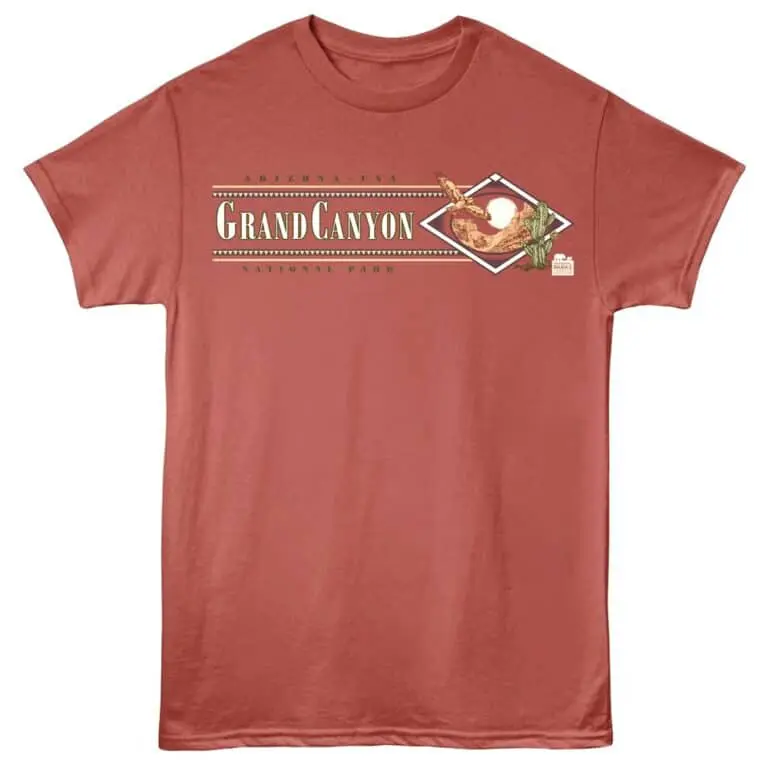 Cotton t-shirt featuring Grand Canyon National Park design, cactus, and desert landscape.