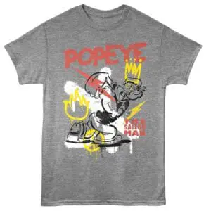 Vivid Popeye and sailor graphic design on grey T-shirt for casual wear.