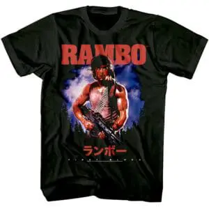 Comfortable black Rambo movie graphic T-shirt featuring Sylvester Stallone as Rambo, with Japanese characters and bold design.