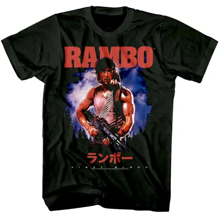 Comfortable black Rambo movie graphic T-shirt featuring Sylvester Stallone as Rambo, with Japanese characters and bold design.