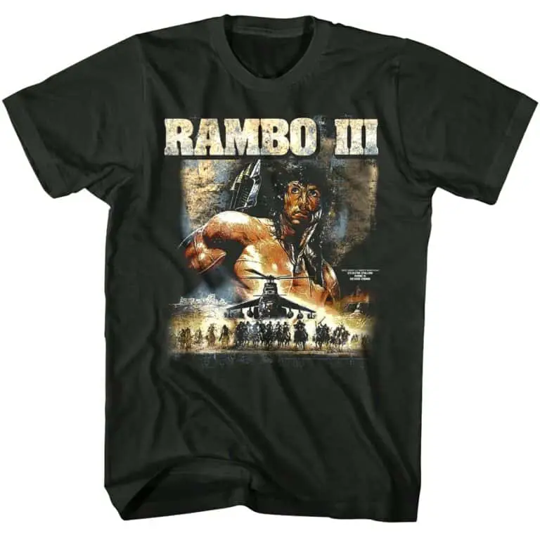 Graphic T-shirt featuring Rambo III movie design with action scene and hero image, perfect for fans of military and action film apparel.