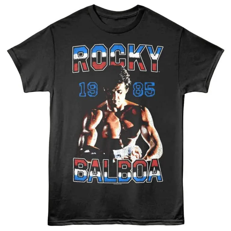 Rocky logo graphic t-shirt with boxing theme, vintage 1985 design for sports and movie fans.