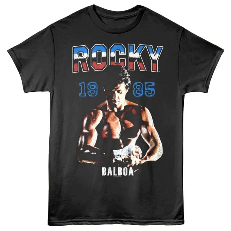 Rocky themed men's t-shirt featuring vintage boxer image, ideal for workout and movie memorabilia.