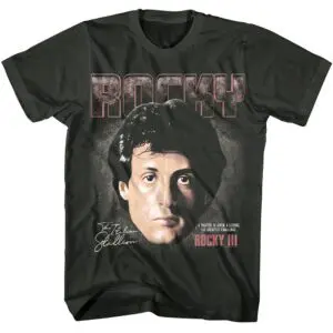 Vintage Rocky movie themed graphic tee featuring Sylvester Stallone's portrait and "ROCKY" text.