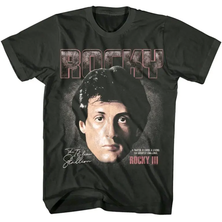 Vintage Rocky movie themed graphic tee featuring Sylvester Stallone's portrait and "ROCKY" text.