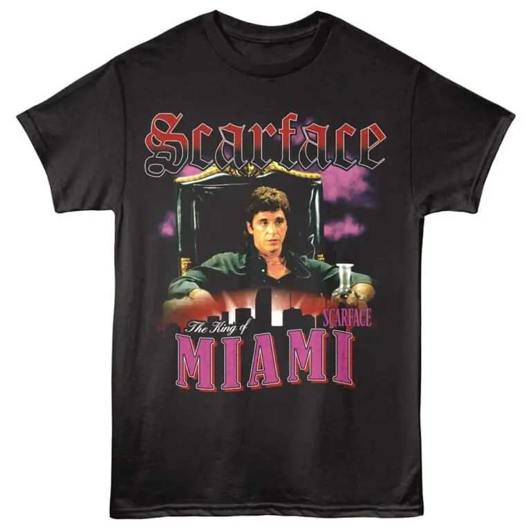 Limited edition Scarface Miami graphic tee featuring Tony Montana from the iconic film. Perfect for movie fans and streetwear enthusiasts.