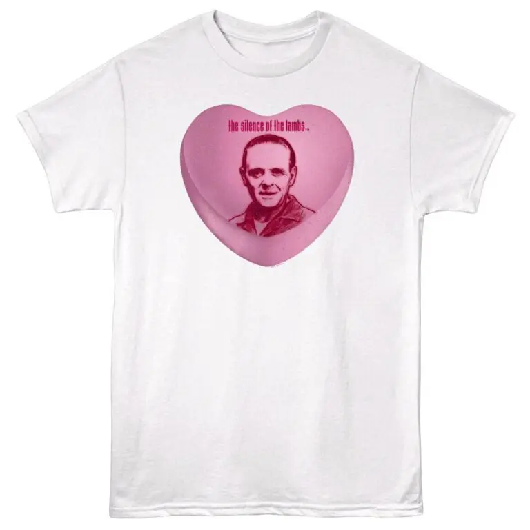 Pink heart graphic featuring a man's face and the phrase "the silence of the lambs".