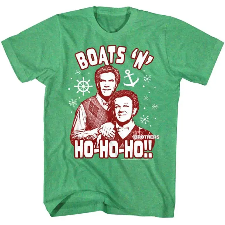Festive holiday T-shirt featuring classic TV characters, perfect for Christmas or boat lovers.