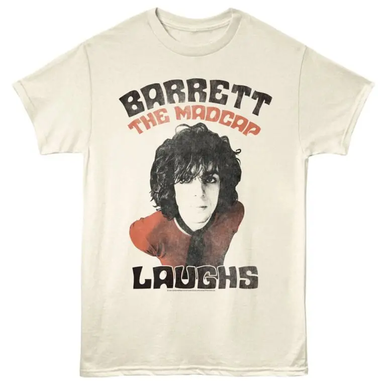 Vintage band t-shirt featuring "Barrett the Madcap Laughs" artwork, ideal for music fans.