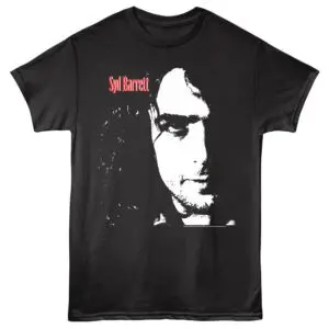 Black graphic tee featuring Syd Barrett portrait and name, perfect for rock music fans.
