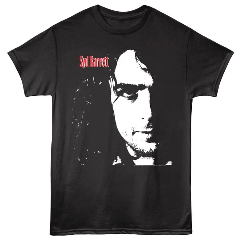 Black graphic tee featuring Syd Barrett portrait and name, perfect for rock music fans.