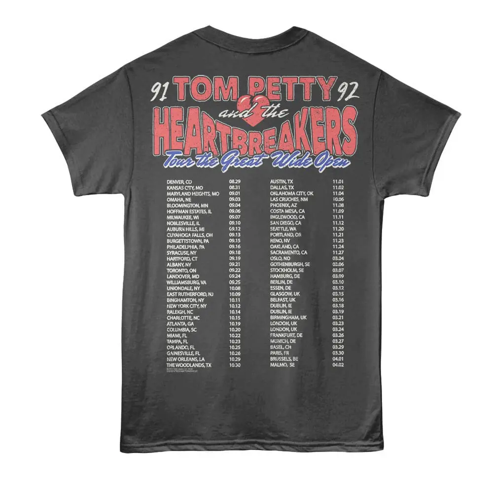 T-shirt featuring Tom Petty and the Heartbreakers tour dates and locations, perfect for music fans and concert apparel collectors.