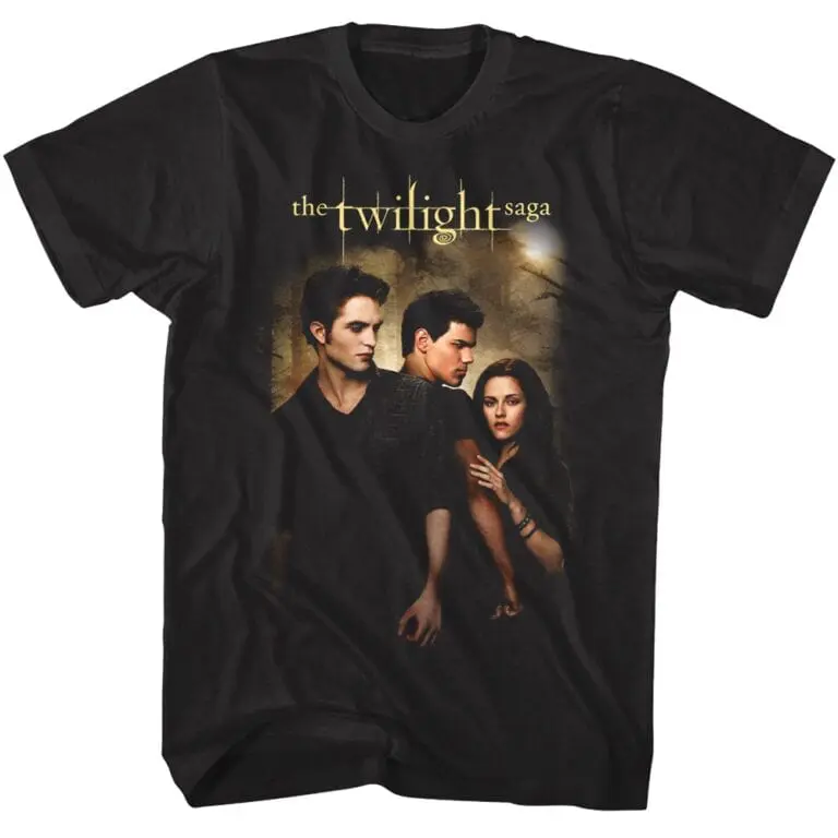 Twilight Saga graphic T-shirt with Edward, Jacob, and Bella from the popular film series. Great for fans of the movies and dark aesthetic.