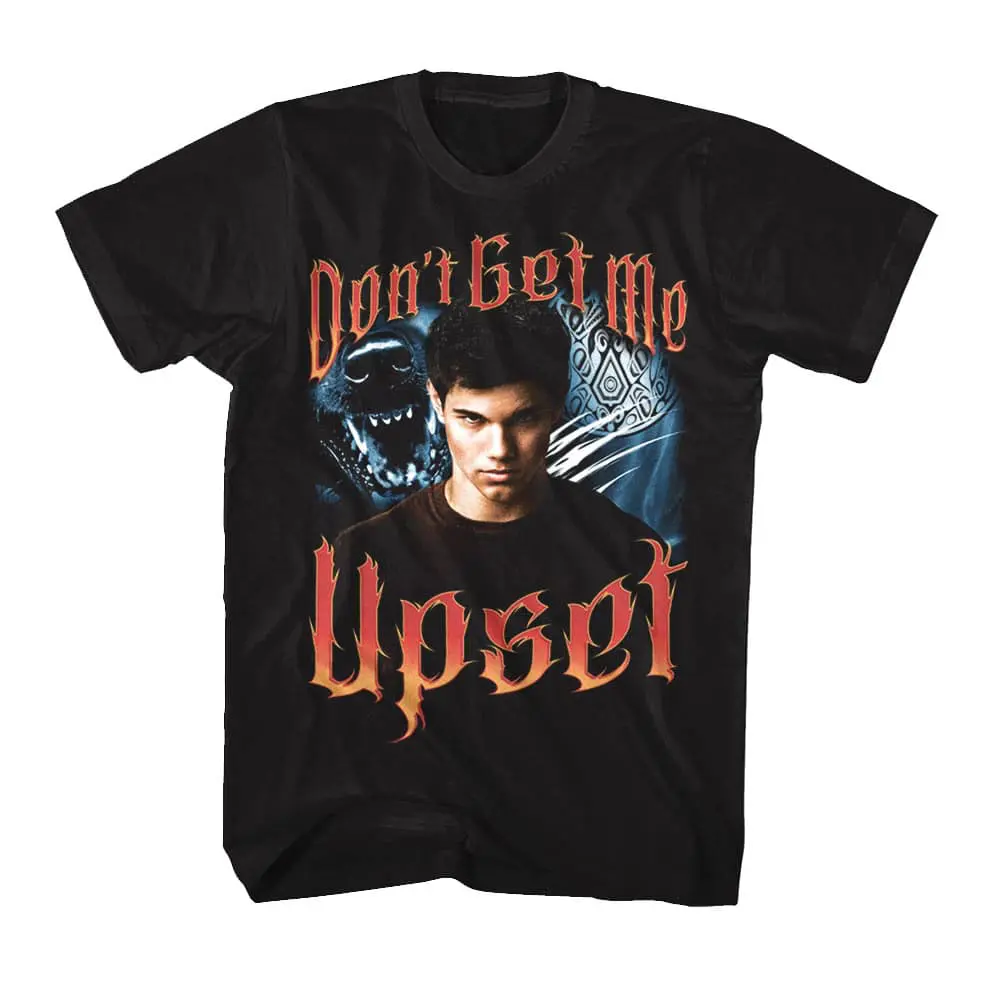 Black graphic T-shirt with bold "Don't Get Me Upset" text and a striking design featuring a young man and a fierce animal.