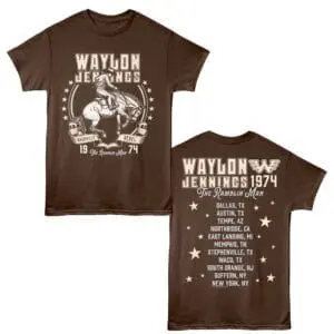 Custom Waylon Jennings graphic T-shirt celebrating country music legend. Retro cowboy style with town list and dates.