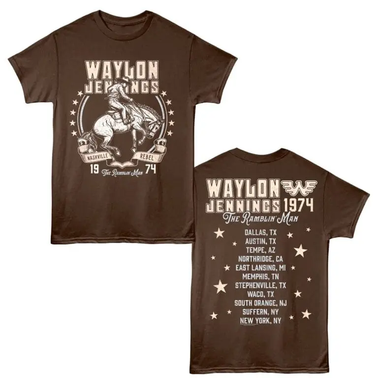 Custom Waylon Jennings graphic T-shirt celebrating country music legend. Retro cowboy style with town list and dates.
