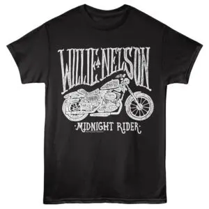 Motorcycle Willie Nelson T-shirt with "Midnight Rider" graphic, ideal for country music fans and vintage ride lovers.