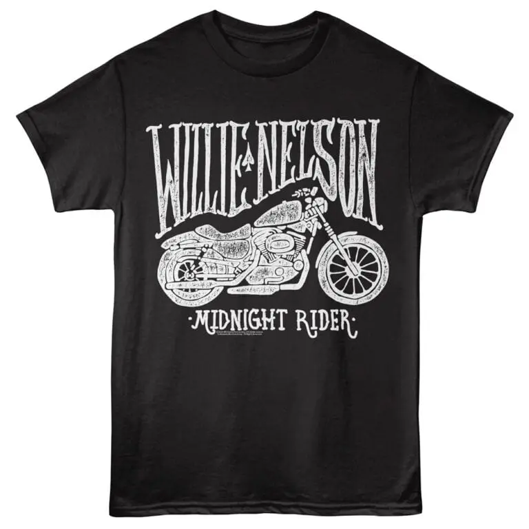 Motorcycle Willie Nelson T-shirt with "Midnight Rider" graphic, ideal for country music fans and vintage ride lovers.