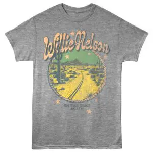 Retro Willie Nelson road trip graphic T-shirt for country music fans.