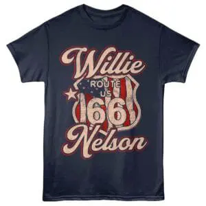 Stylish Willie Nelson Route 66 graphic tee in navy with vintage-inspired design. Perfect for country music fans and road trip enthusiasts.