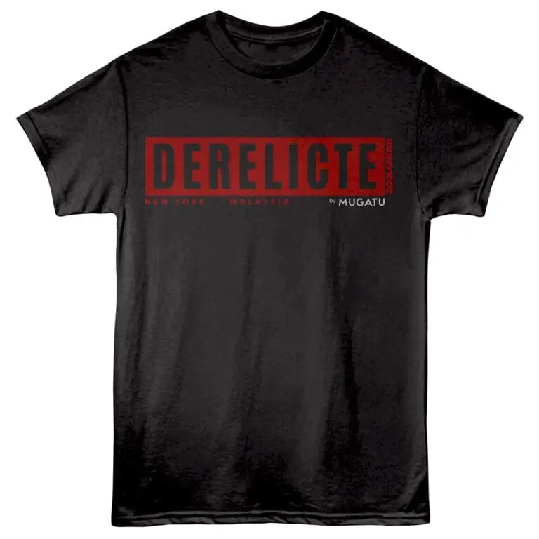 Bold "DERELICTE" t-shirt with urban city design featuring New York and Malaysia references.