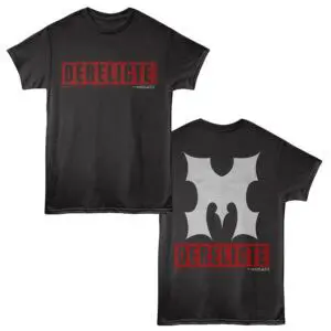 Stylish black t-shirt featuring bold "Derelict" print and abstract design, perfect for streetwear and fashion enthusiasts.