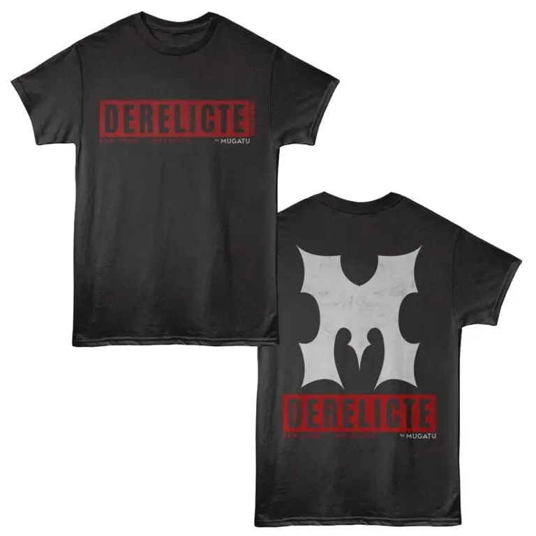 Stylish black t-shirt featuring bold "Derelict" print and abstract design, perfect for streetwear and fashion enthusiasts.