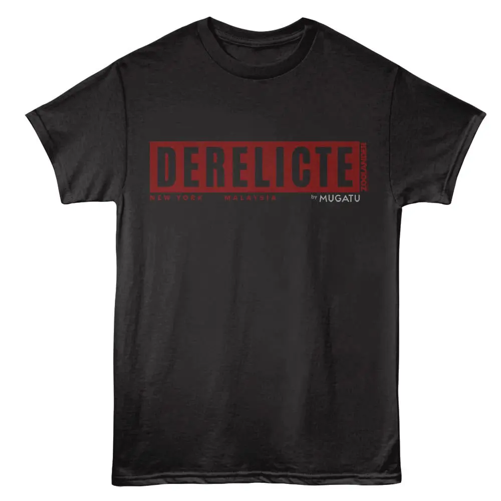 Black "Derelict" T-shirt featuring red text, locations, and designer by Mugatu, ideal for streetwear and urban fashion.