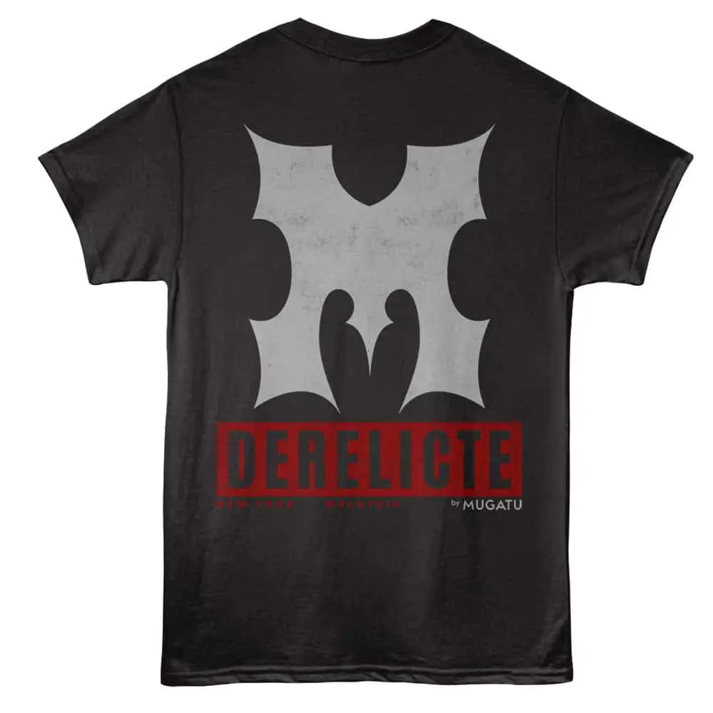 Bold graphic streetwear t-shirt featuring "DERELECTE" slogan and modern design.