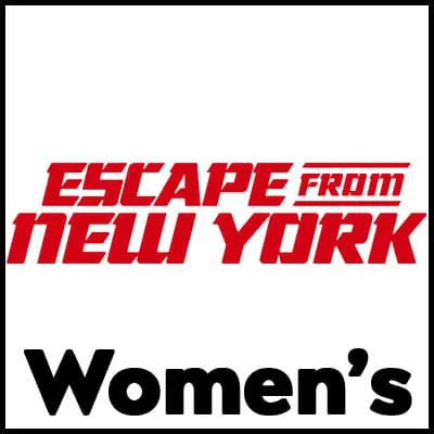 Bright red and black "Escape from New York Women's" T-shirt, ideal for urban fashion enthusiasts.