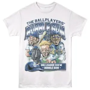 Detailed image of a baseball-themed graphic T-shirt with caricatures of ballplayers and slogans, perfect for sports fans.
