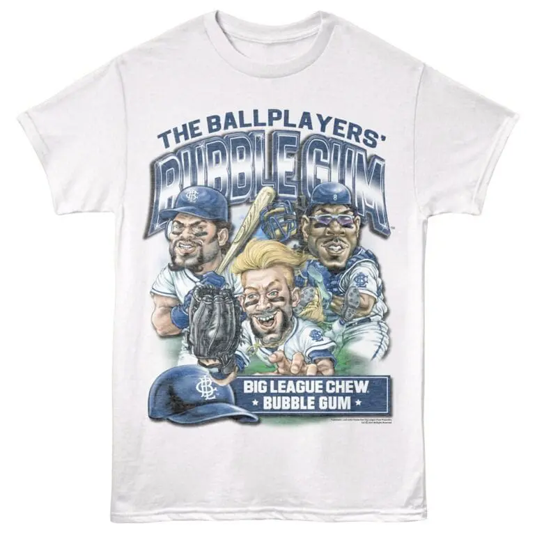 Detailed image of a baseball-themed graphic T-shirt with caricatures of ballplayers and slogans, perfect for sports fans.