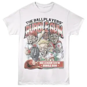 Funny baseball humor tee featuring cartoon players with gum.