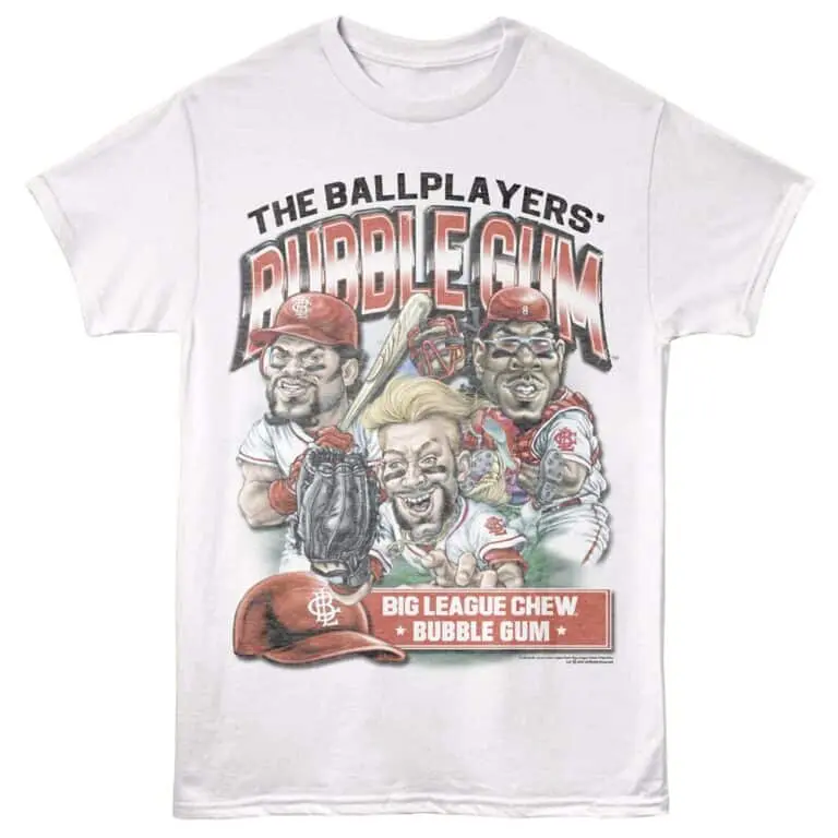 Funny baseball humor tee featuring cartoon players with gum.