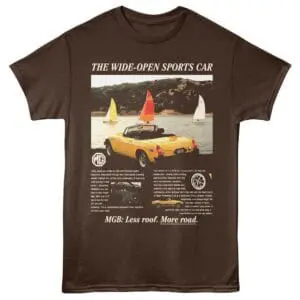 Vintage sports car t-shirt featuring MG logo and sailing scene, perfect for car lovers and motorsports fans.
