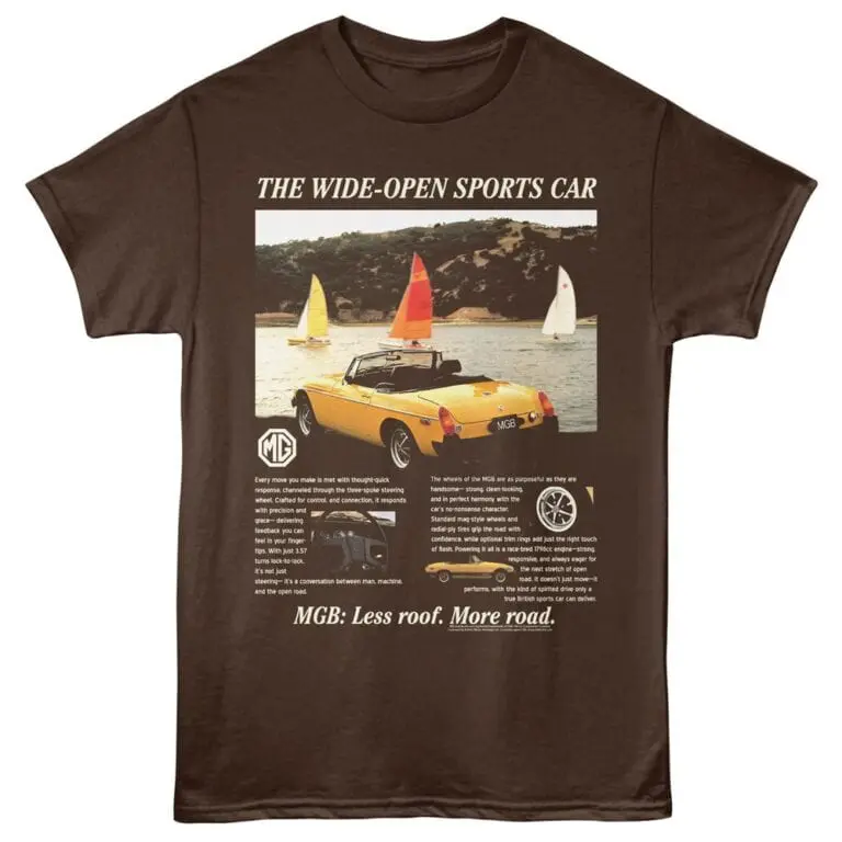 Vintage sports car t-shirt featuring MG logo and sailing scene, perfect for car lovers and motorsports fans.
