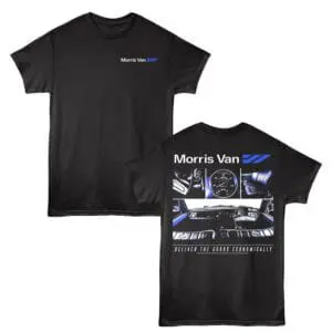 Black T-shirt with Morris Van logo and car interior graphic design.
