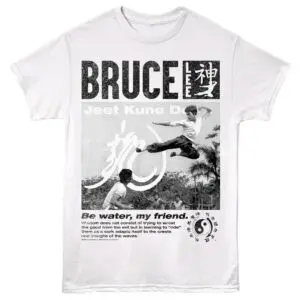 Bruce T-Shirt featuring martial arts action, Chinese characters, and yin-yang symbol, perfect for martial arts enthusiasts.