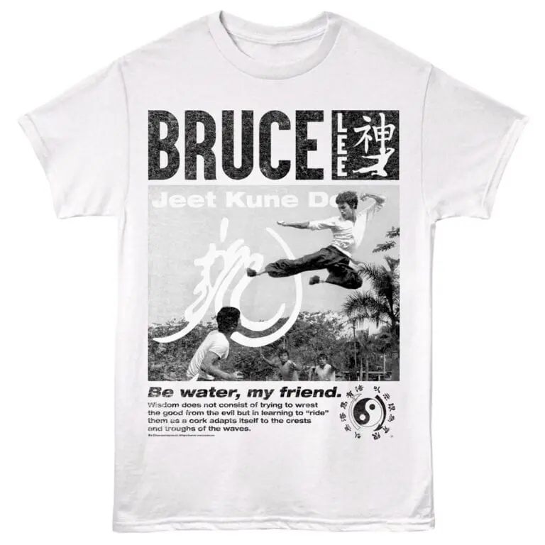 Bruce T-Shirt featuring martial arts action, Chinese characters, and yin-yang symbol, perfect for martial arts enthusiasts.