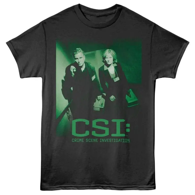 CSI: Crime Scene Investigation t-shirt with detective-themed graphic design.