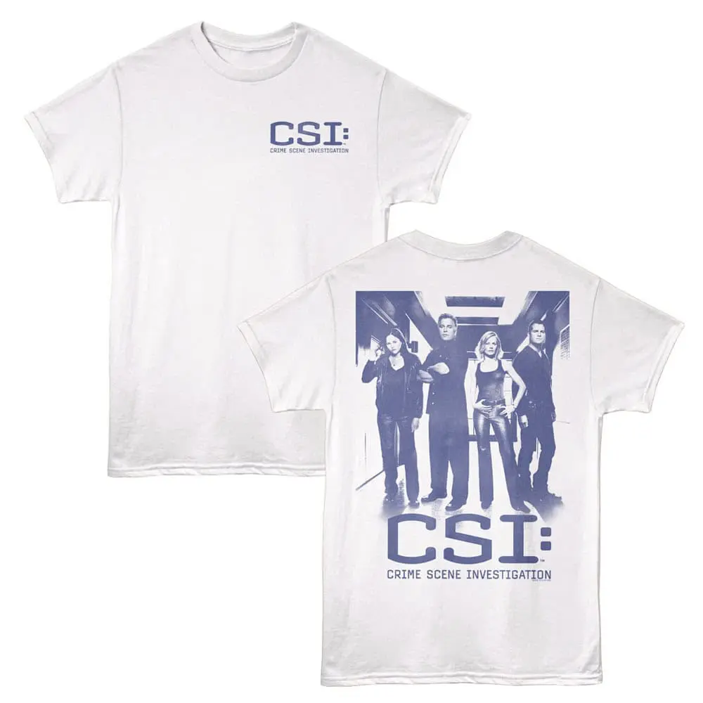 White CSI logo t-shirt featuring original cast image from Crime Scene Investigation series.
