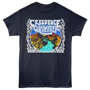 Vintage CCR band T-shirt featuring Creedence Clearwater Revival logo and scenic mountain river design.