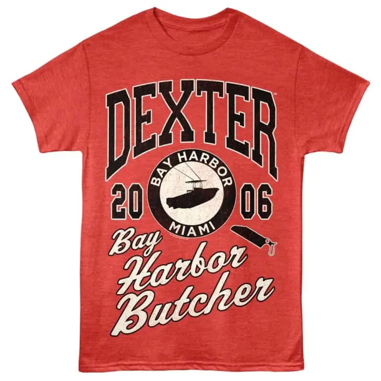 Customizable Dexter TV show themed graphic t-shirt in red with Bay Harbor Butcher design.