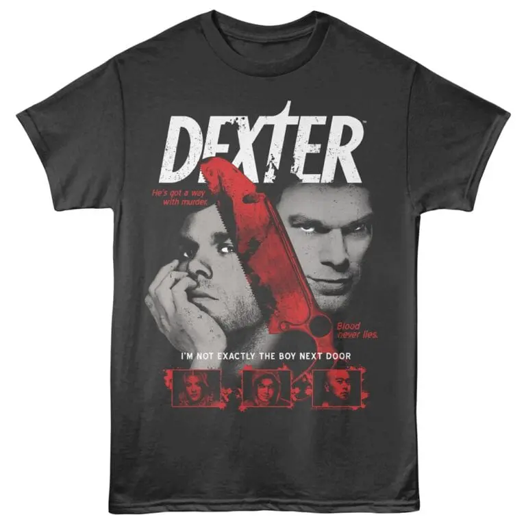 Dark graphic Dexter TV show themed T-shirt featuring characters and crime scene motifs.