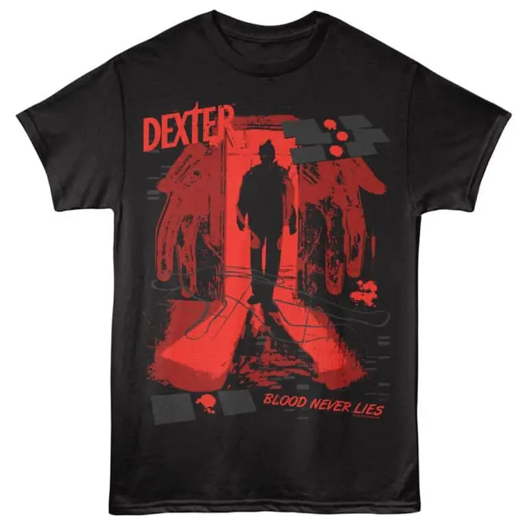 Dexter blood ties T-shirt, horror TV show merchandise featuring blood-splattered graphics, perfect for fans.