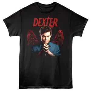 Dexter TV series themed graphic tee featuring Dexter Morgan with dark wings on a black background.